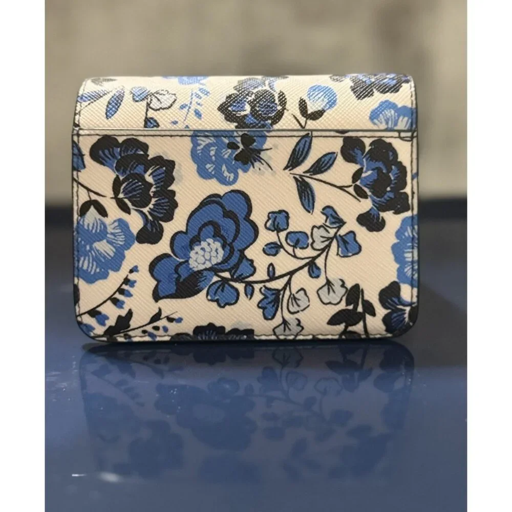 Kate Spade Madison Vase Floral Printed Med Blue White Leather  Wallet